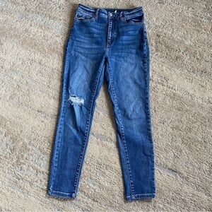 Kancan Distressed Skinny Jeans Medium Wash Ripped Holey Jeans High Rise: 9/28